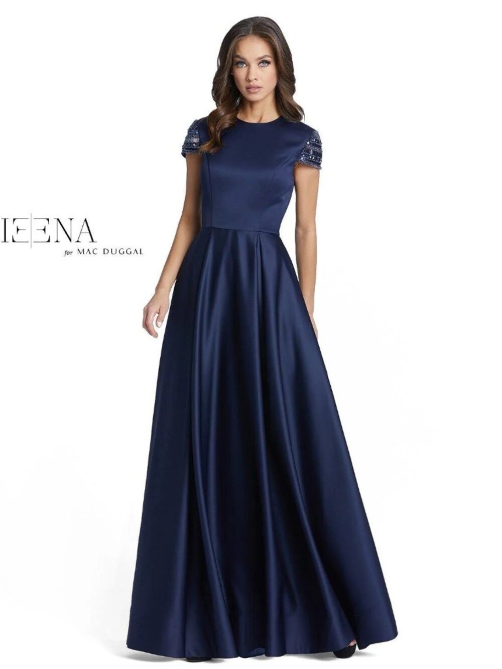 Mac Duggal Size 14 Navy 25947 Beaded Cap Sleeve A-Line Formal Ball Gown Dress